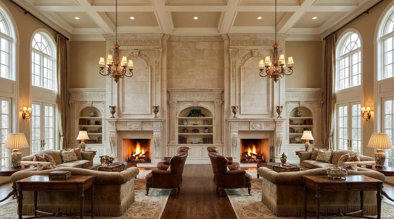 Traditional fireplace wall with two openings and symmetrical living room design.