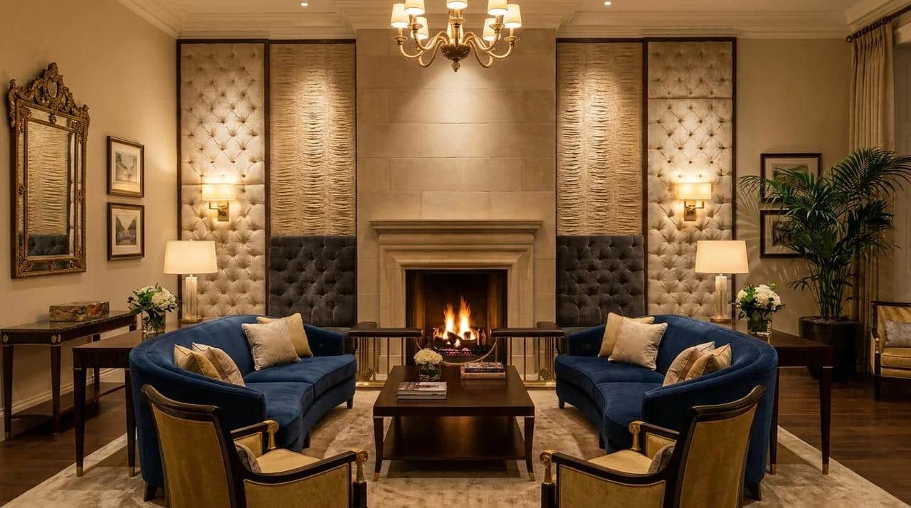 Elegant fireplace wall with textured fabric panels and luxury interior design