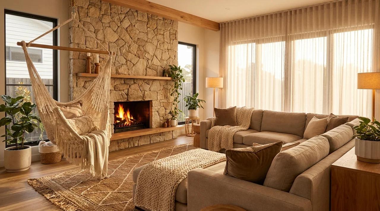 Cozy fireplace wall with indoor hammock, lounge seating, and warm modern home decor.