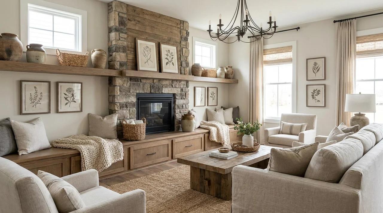Modern farmhouse fireplace wall with built-in bench seating and cozy cushions.