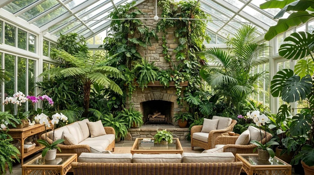 Glass greenhouse room with fireplace wall, plants, and natural sunlight.