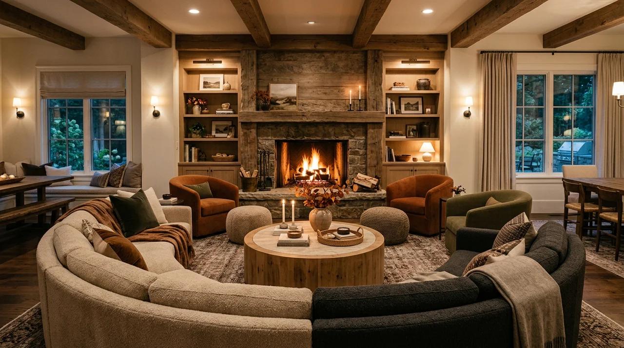 Living room fireplace wall with curved seating arranged around the fire.