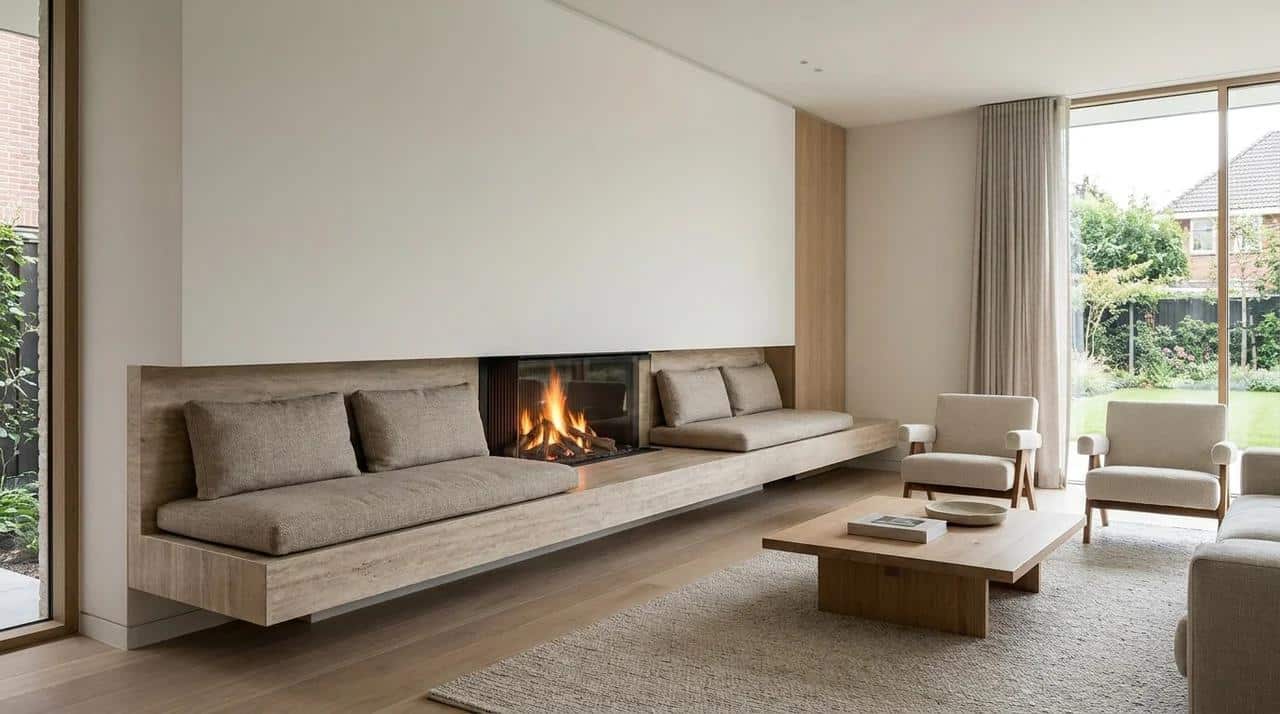 Modern fireplace wall with floating stone hearth seating and cozy living room setup.