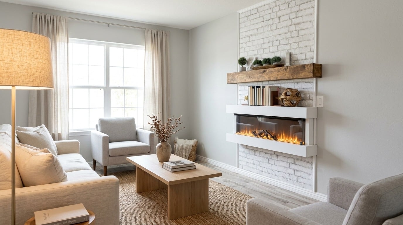 Fireplace wall with a floating wooden mantel and a cozy modern living room design.