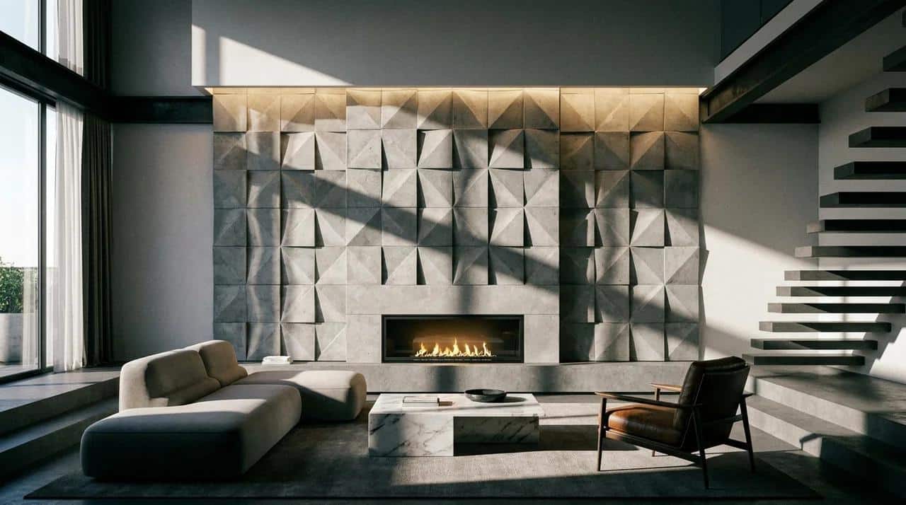 Contemporary fireplace wall with geometric 3D panels and modern design details.
