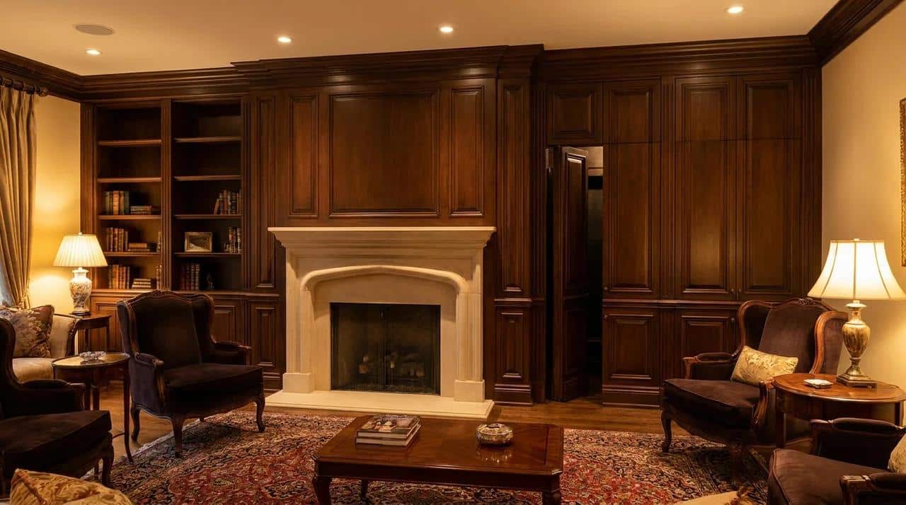 Elegant fireplace wall with concealed door panels blending into a traditional living room design.