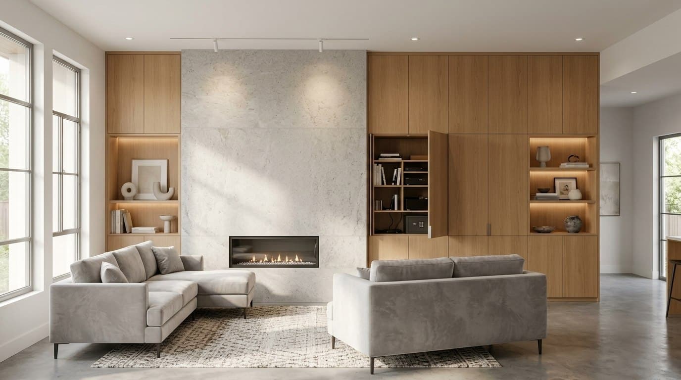 Fireplace wall with hidden storage cabinets and a functional built-in design.