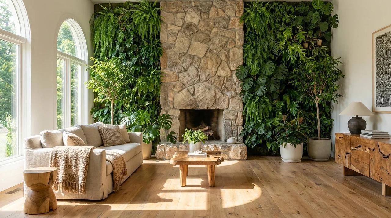 Biophilic fireplace wall surrounded by indoor plants and natural textures.