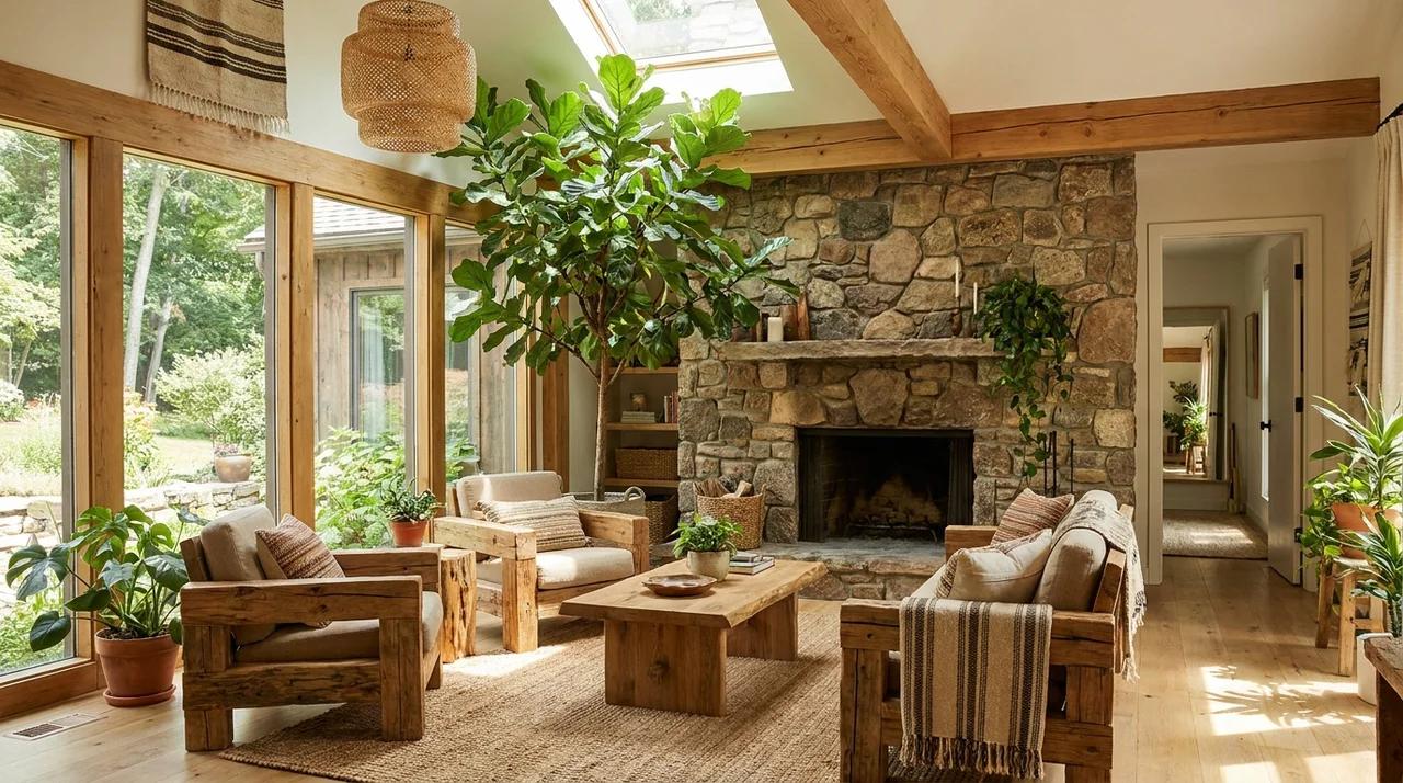 Natural fireplace wall featuring an indoor tree and organic living room design.