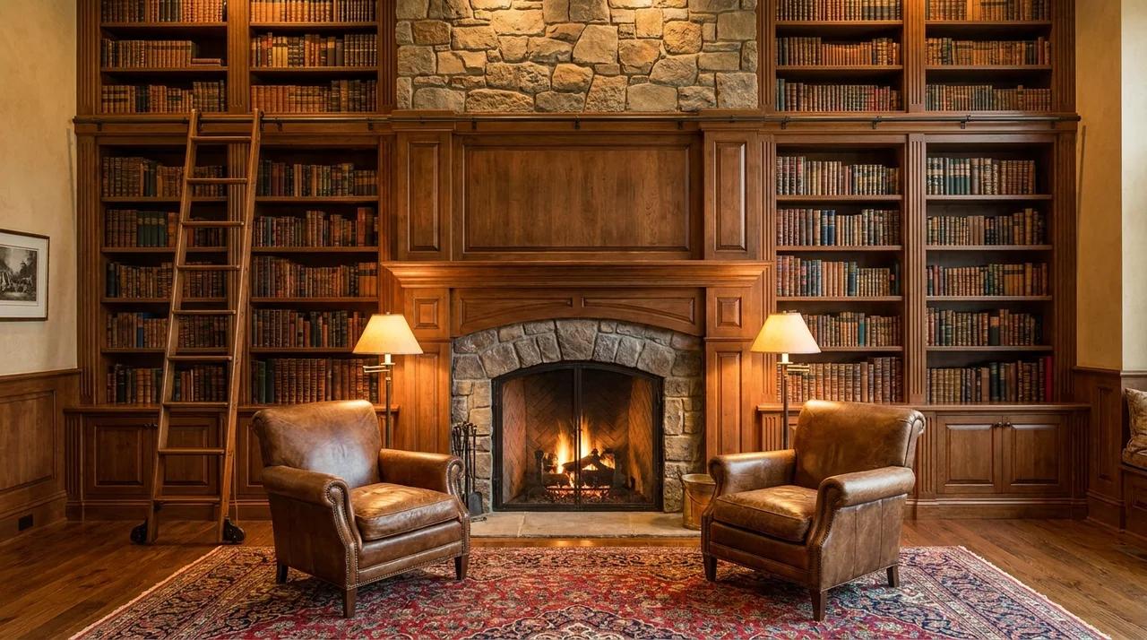 Home library fireplace wall with tall bookshelves and rolling ladder.