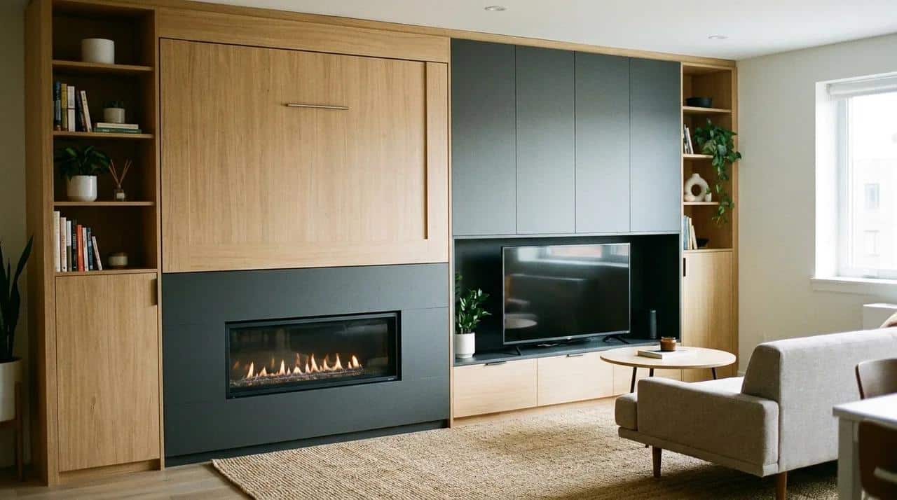 Compact apartment fireplace wall with hidden Murphy bed and storage design.