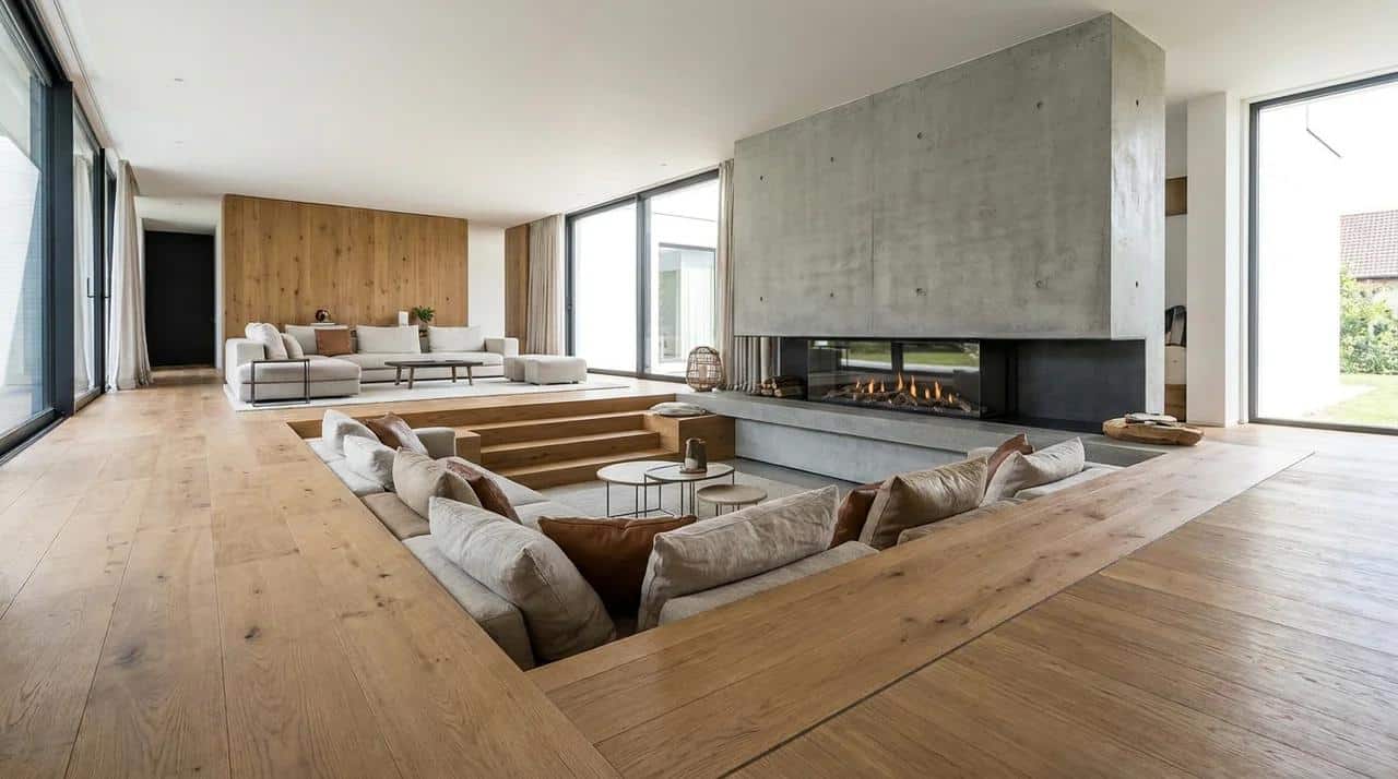 Modern fireplace wall with raised seating platform and cozy conversation area.