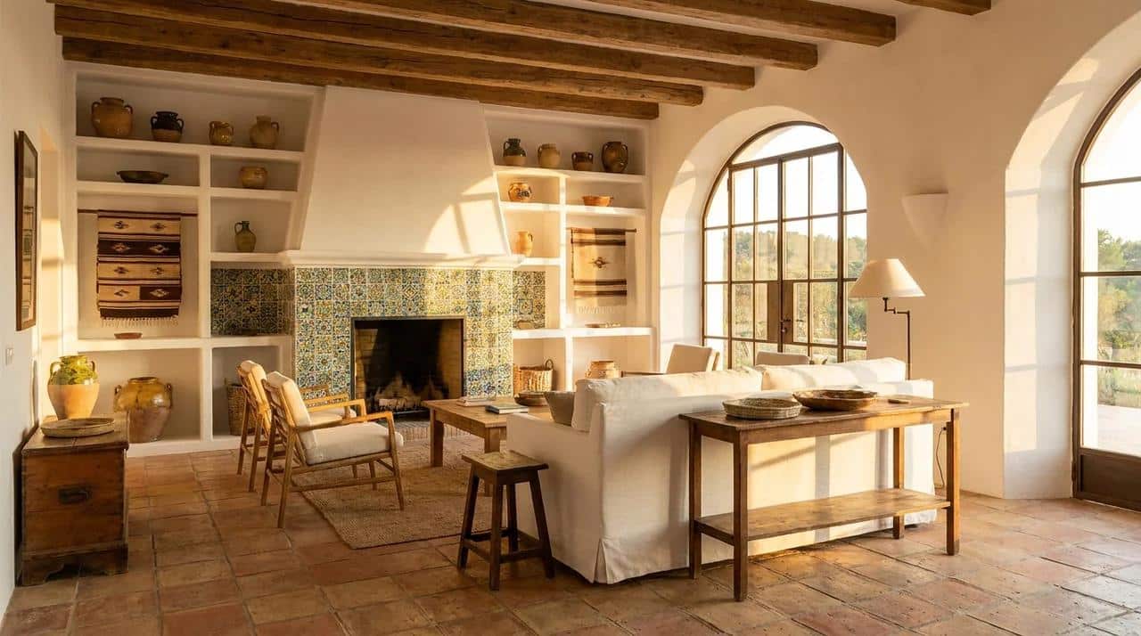 Spanish-style tile fireplace wall with colorful patterns and Mediterranean decor.