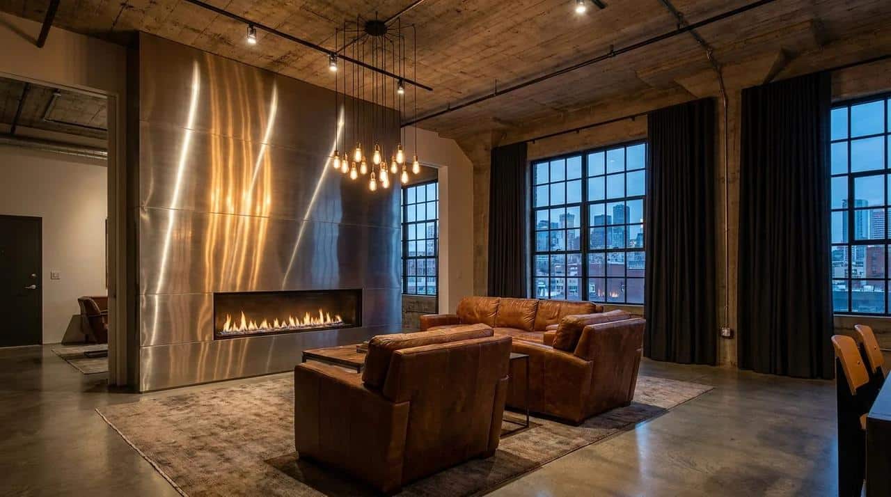 Modern fireplace wall with stainless steel surround in an industrial-style loft.