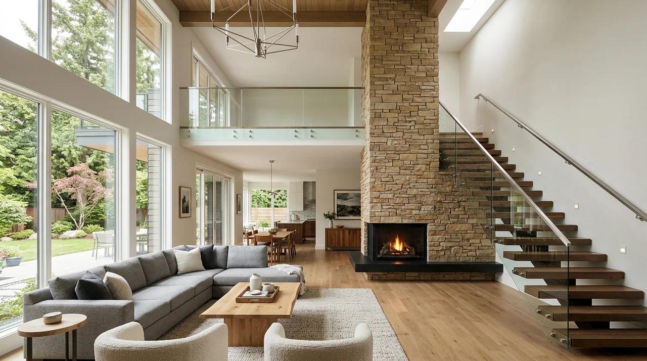 Modern living room with fireplace wall beside a floating staircase and open contemporary design.