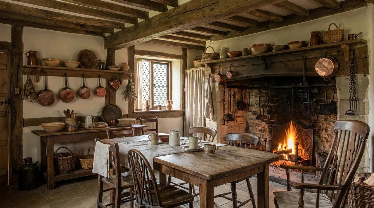 Traditional hearth cooking fireplace wall with copper pots and rustic kitchen design.