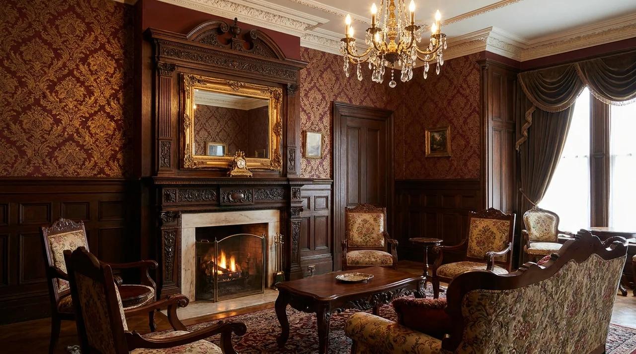 Victorian fireplace wall with ornate mantel, molding, and classic living room decor.