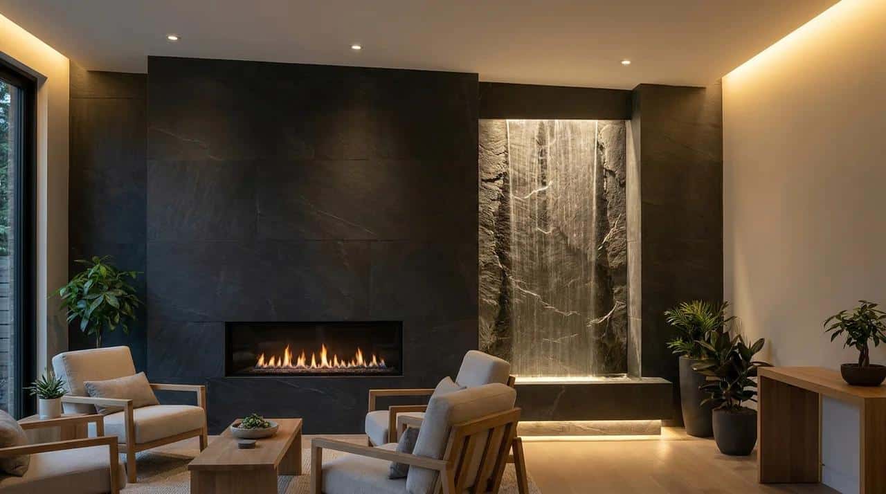 Luxury fireplace wall with indoor waterfall feature and modern spa-inspired design.