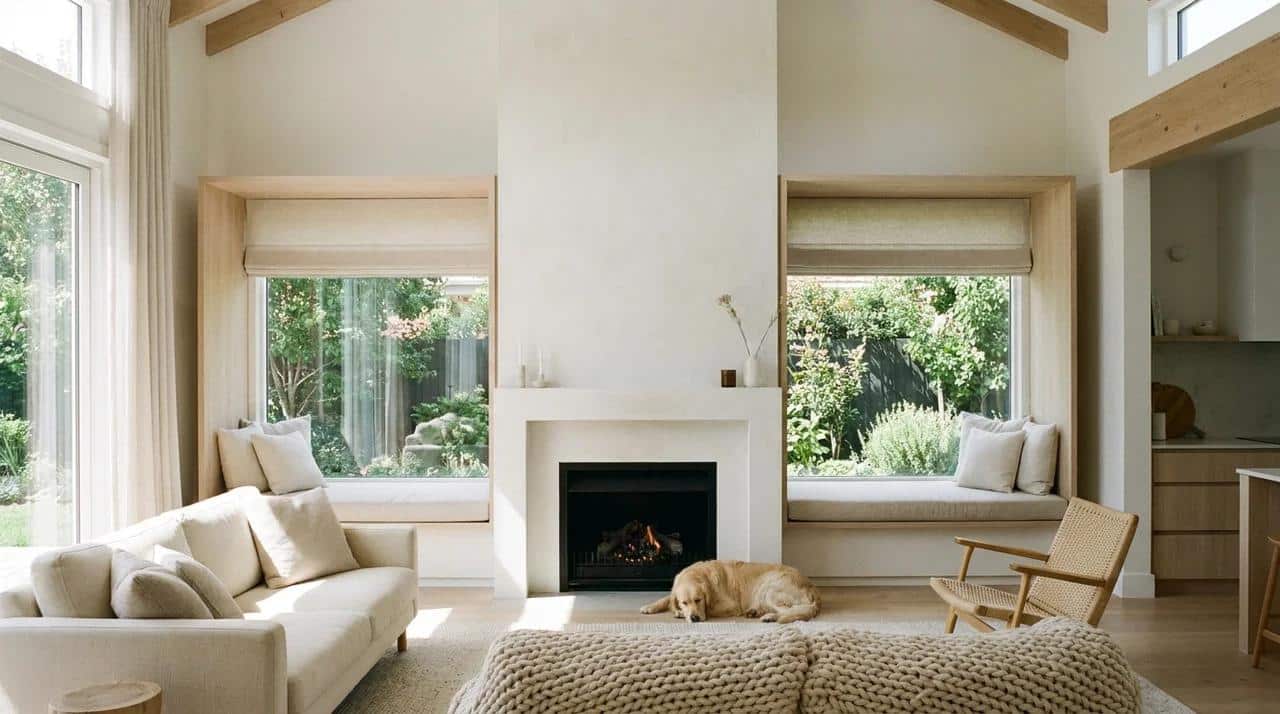 Bright living room fireplace wall positioned between large window alcoves with natural light.