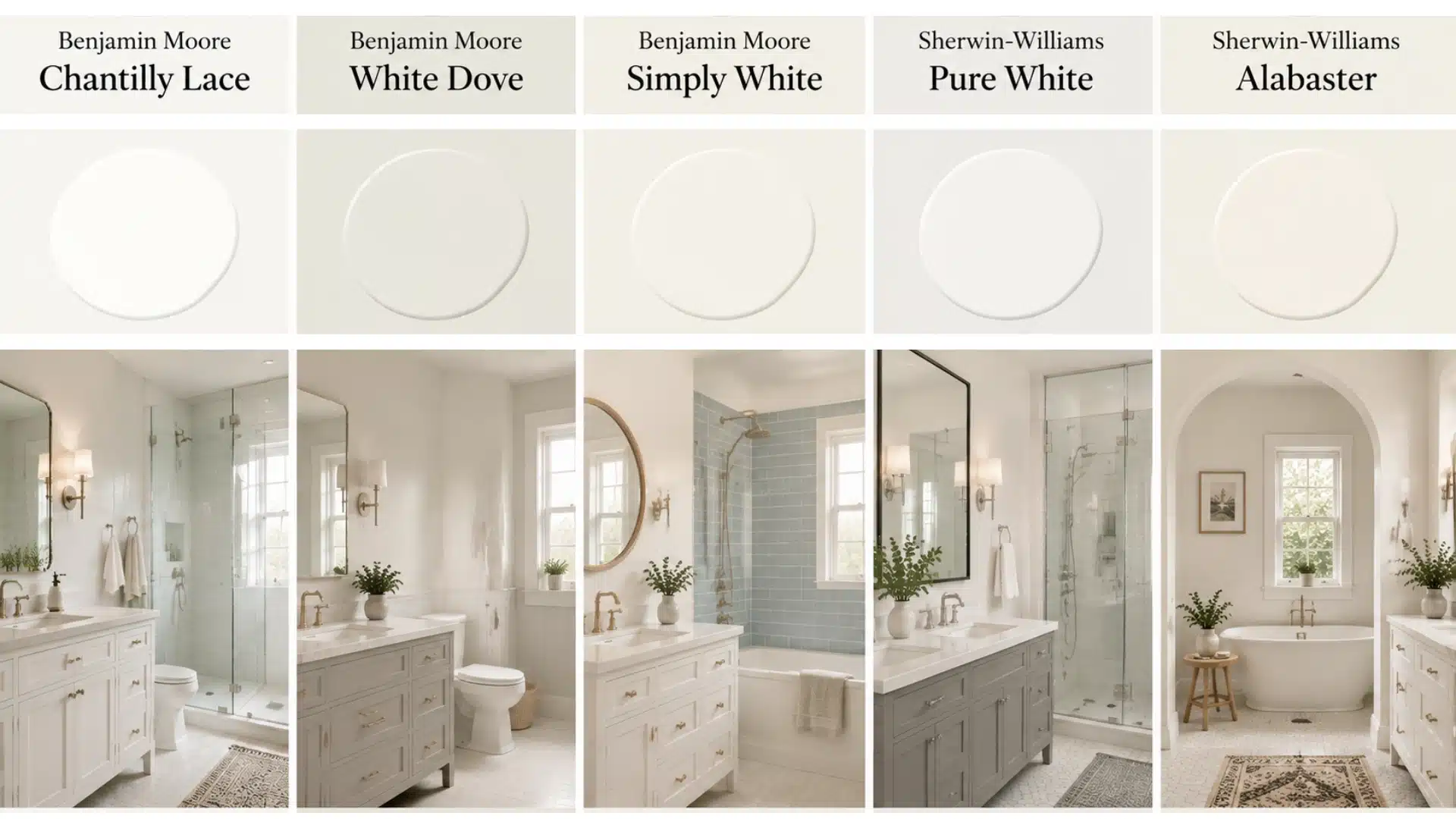 Five bathroom paint color examples featuring Benjamin Moore Chantilly Lace, White Dove, Simply White, Sherwin-Williams Pure White, and Alabaster.