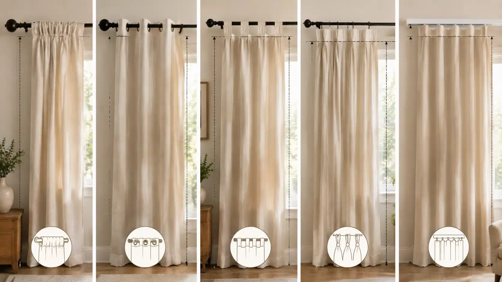 Five-panel image showing curtain header styles with simple measurement guides for rod pocket, grommet, back tab, pinch pleat, and ripple fold curtains.