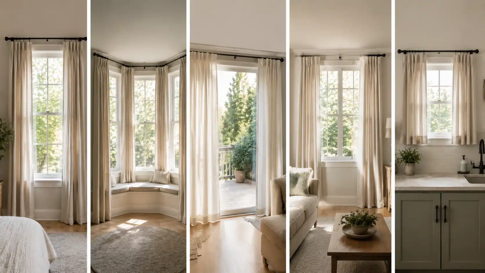 Five-panel image showing curtain measurements for standard windows, bay windows, sliding doors, wide windows, and small kitchen windows.