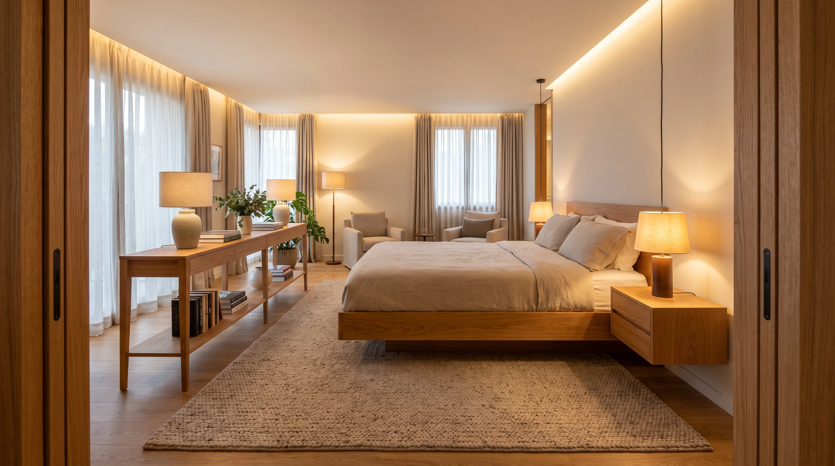 Floating bed layout in a spacious bedroom with open space and storage behind bed