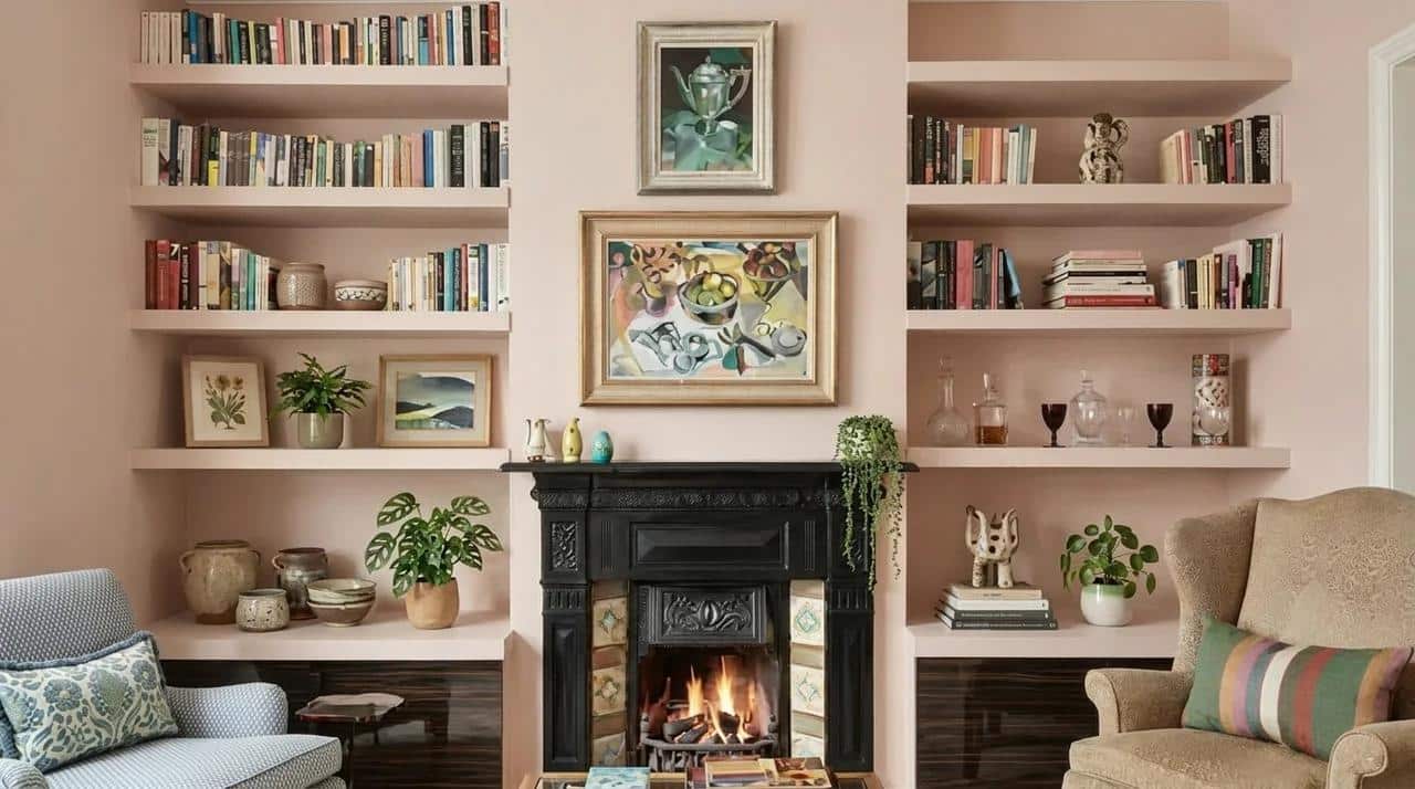Fireplace wall with floating shelves and decorative accessories.