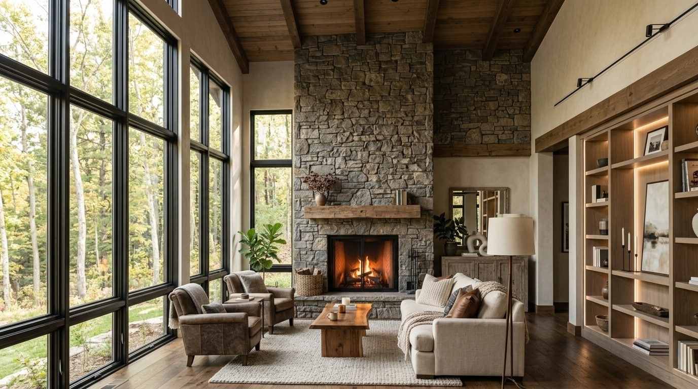 Floor-to-ceiling stone fireplace wall with built-in shelves and modern living room design..