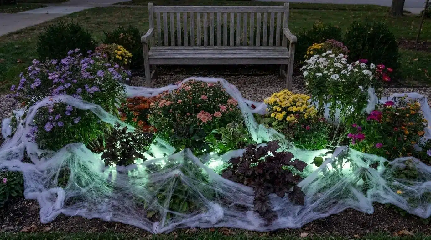 Foggy green-lit cotton along a flower bed