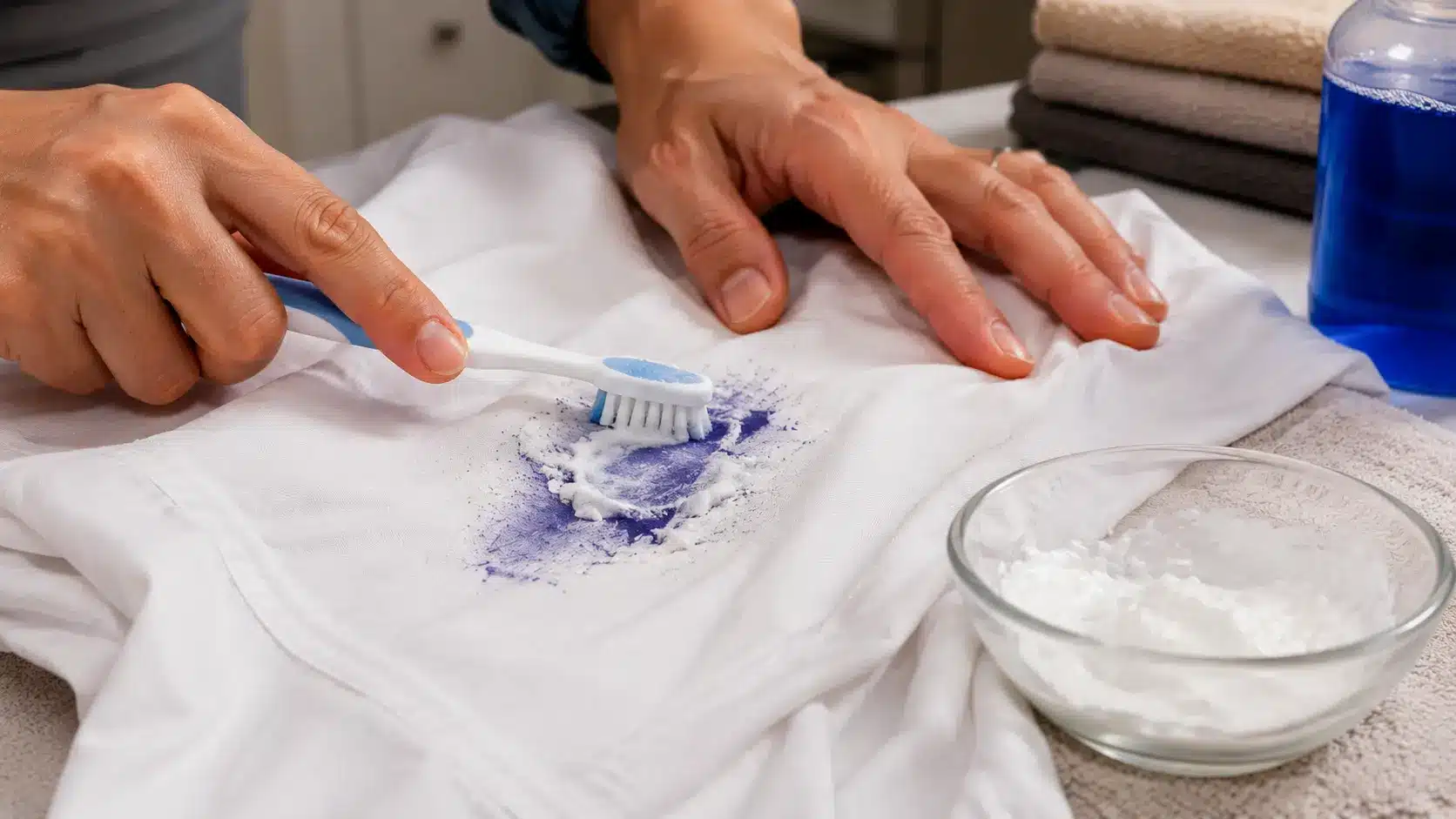 Hands scrubbing a blue ink stain on a white shirt with a toothbrush, cleaning paste, and dish soap.