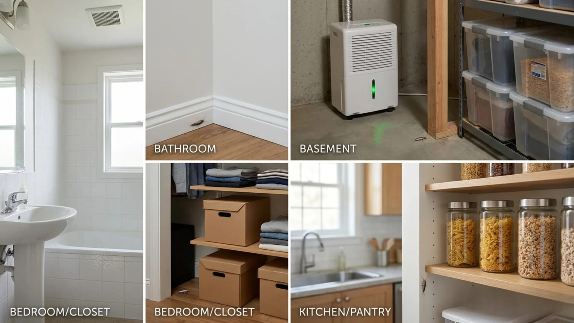 Four-panel collage illustrating silverfish control methods for bathrooms, basements, closets, and kitchen pantries.