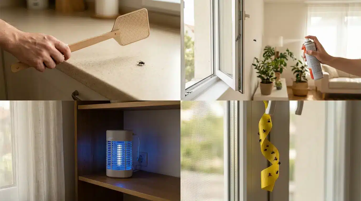 Four-panel collage showing a fly swatter, insecticide spray, plug-in light trap, and sticky trap used to kill flies.