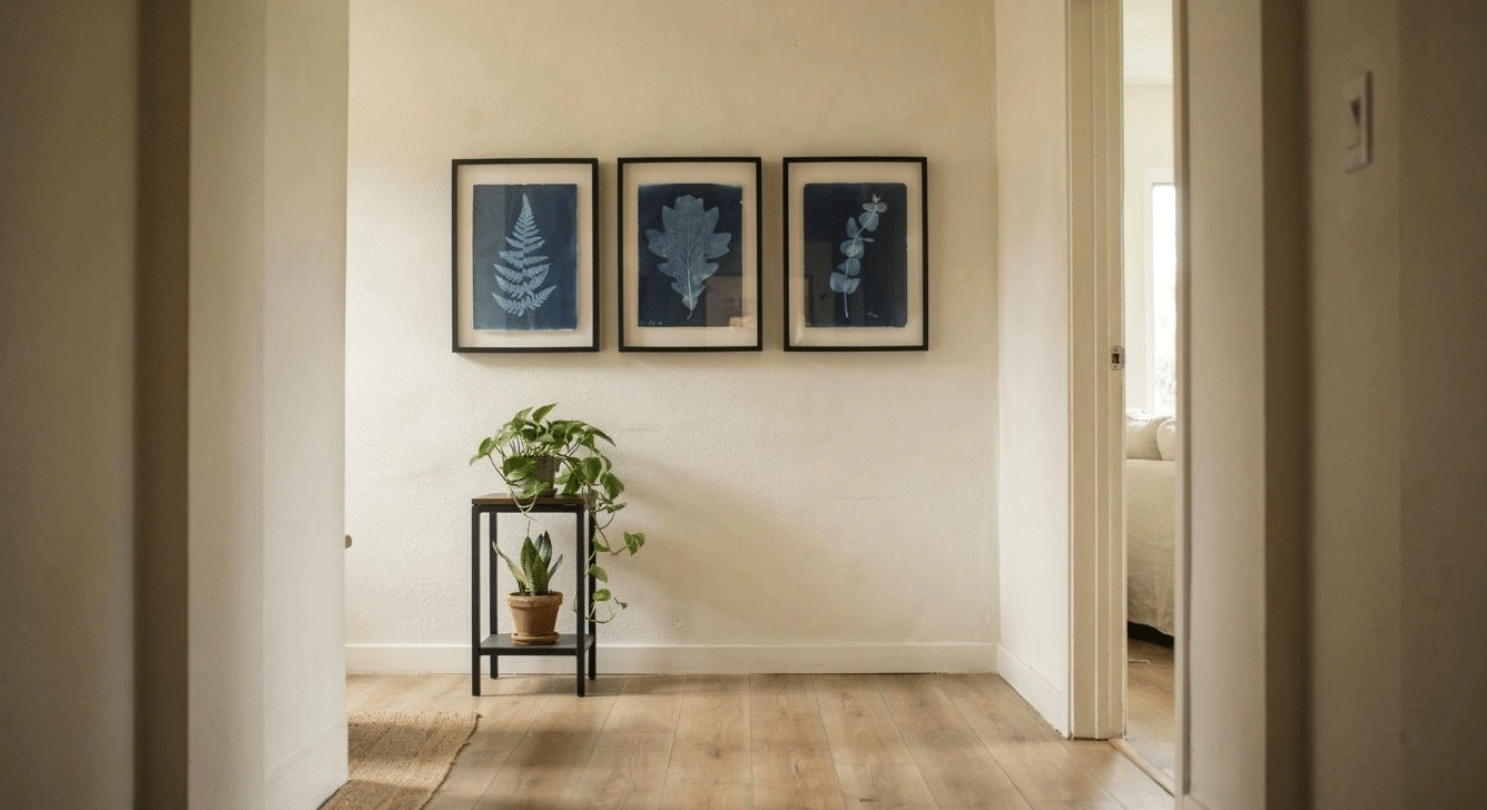 Framed cyanotype leaf sun prints in a sunlit hallway