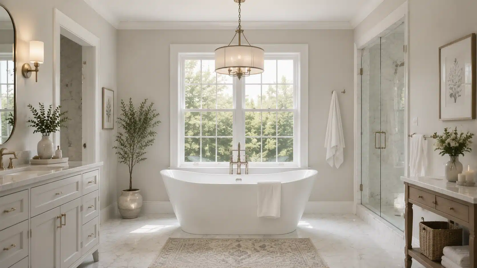 Freestanding bathtub placed as the focal point of a spacious bathroom with natural light, marble surfaces, and elegant fixtures.