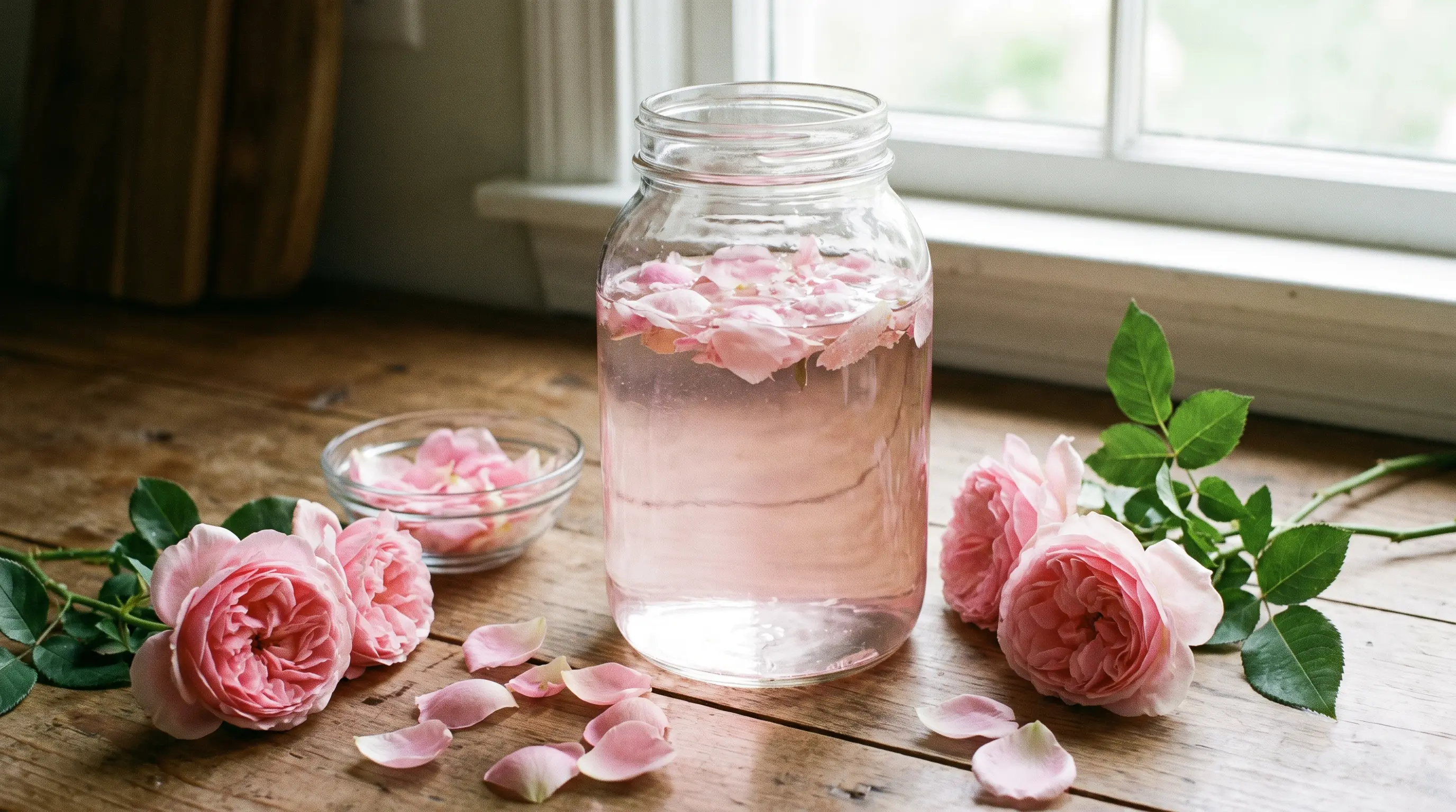 Fresh rose petals and homemade rose water in a glass spray bottle on a table