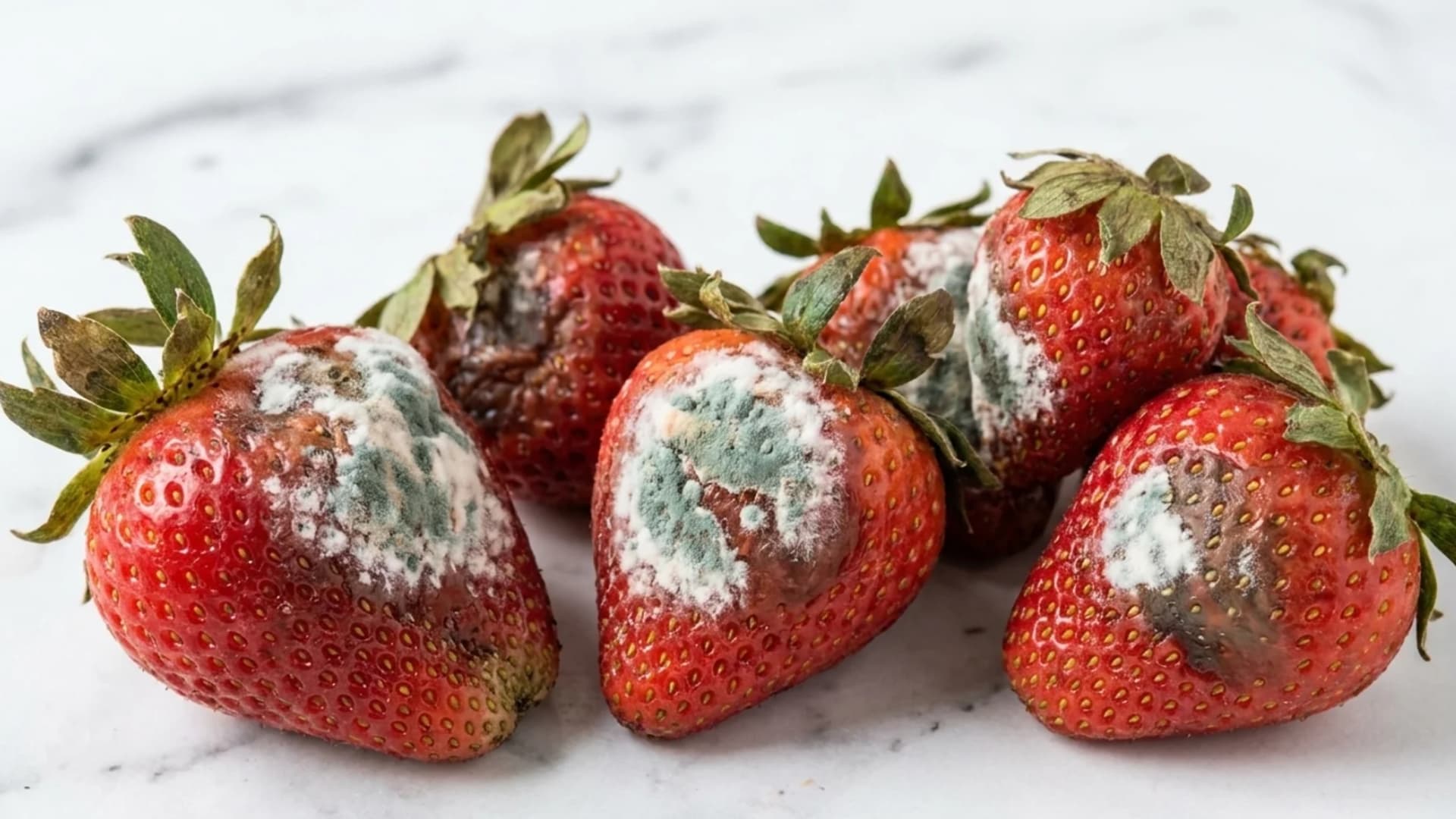 Fresh strawberries showing visible signs of white and grey mold spoilage on a light background.