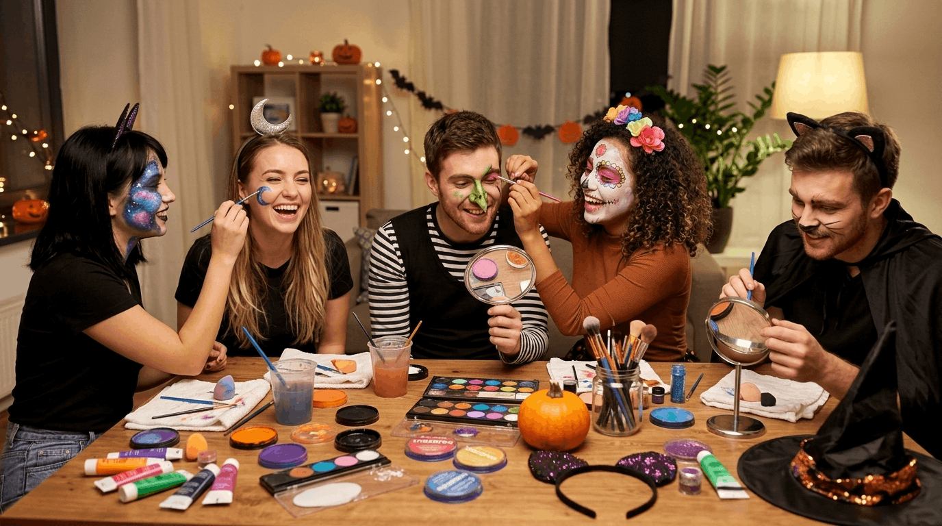 Friends creating Halloween makeup looks together