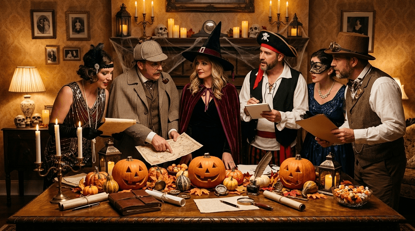Friends enjoying a Halloween murder mystery party at home