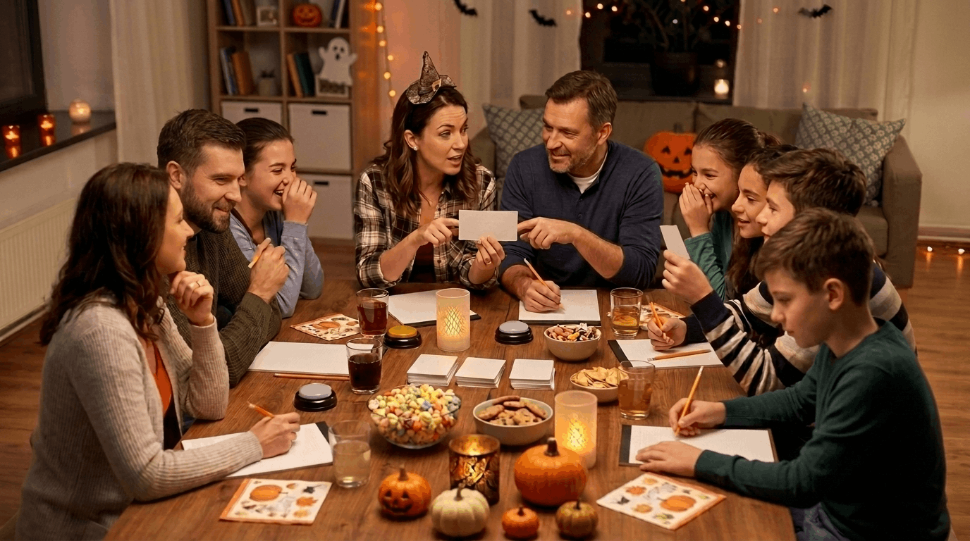 Friends playing Halloween trivia game at a party