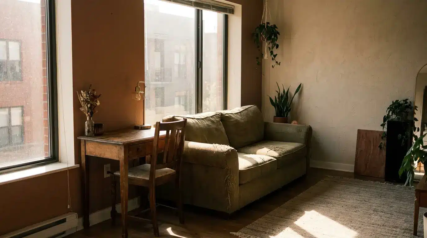 Cozy living room with vintage sofa and wooden desk by large windows