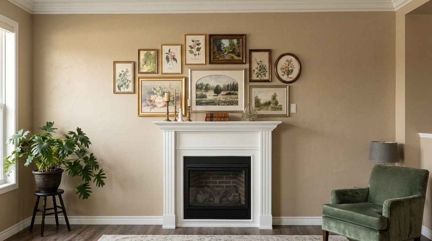 Fireplace mantel with gallery wall artwork display.