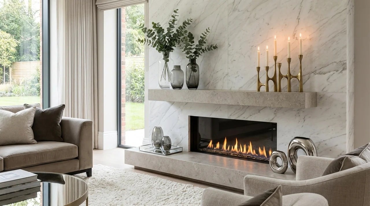 Modern fireplace mantel decorated with glass and metal accents.