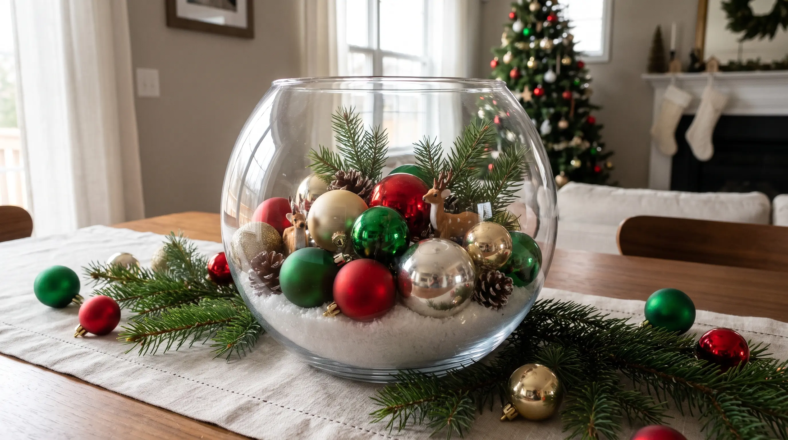 Glass bowl centerpiece filled with colorful Christmas ornaments