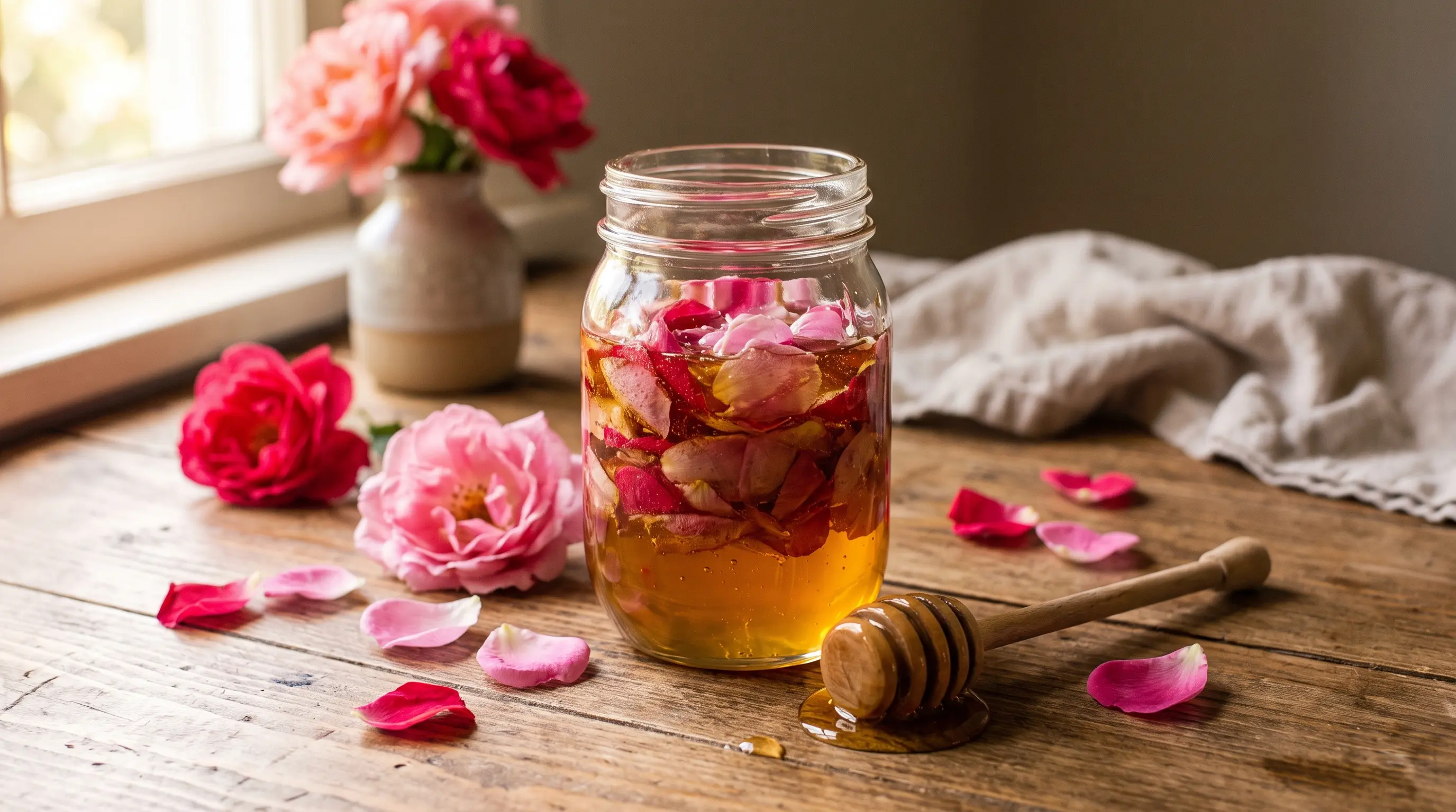 Glass jar of rose petal infused honey with fresh petals on a wooden surface