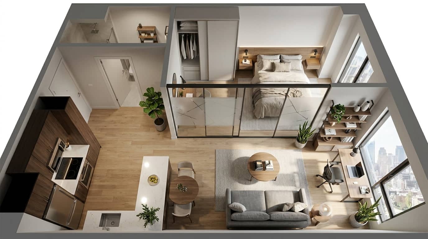 Studio apartment layout with glass partition wall separating bedroom and living areas while allowing light flow.