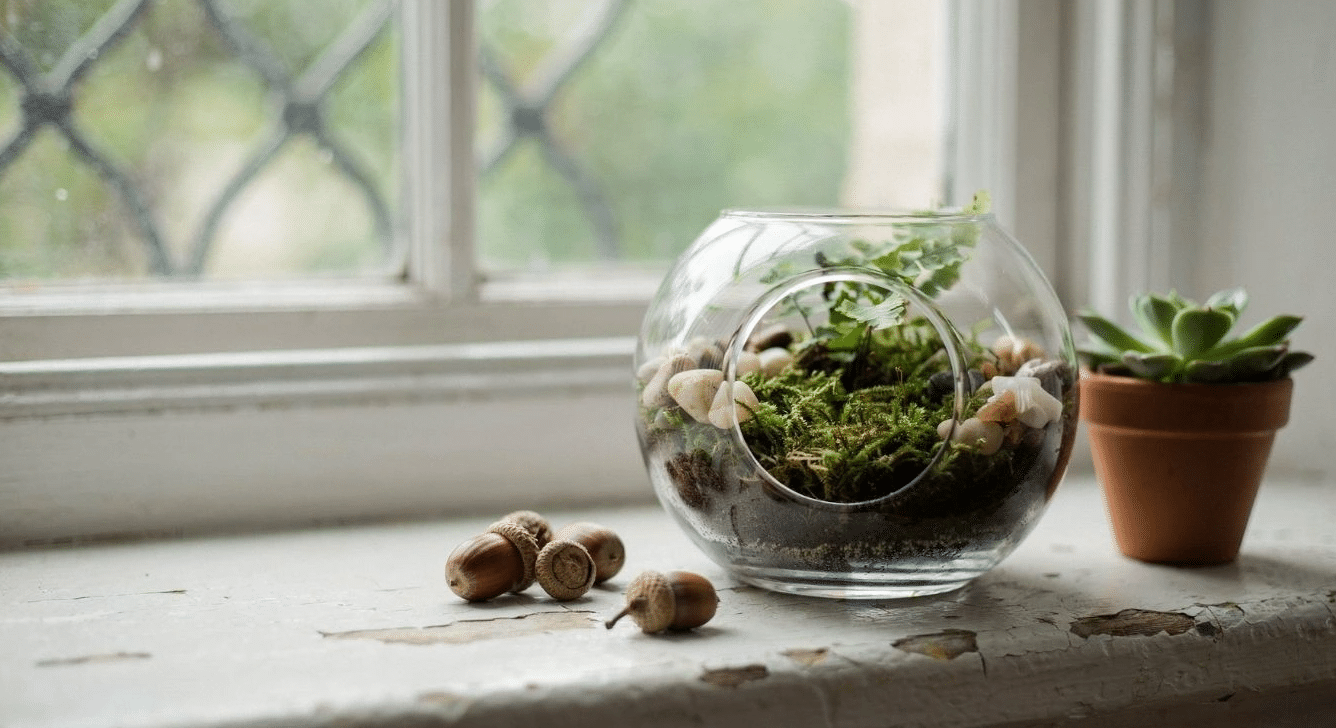 Glass terrarium jar with moss and stones on a windowsill