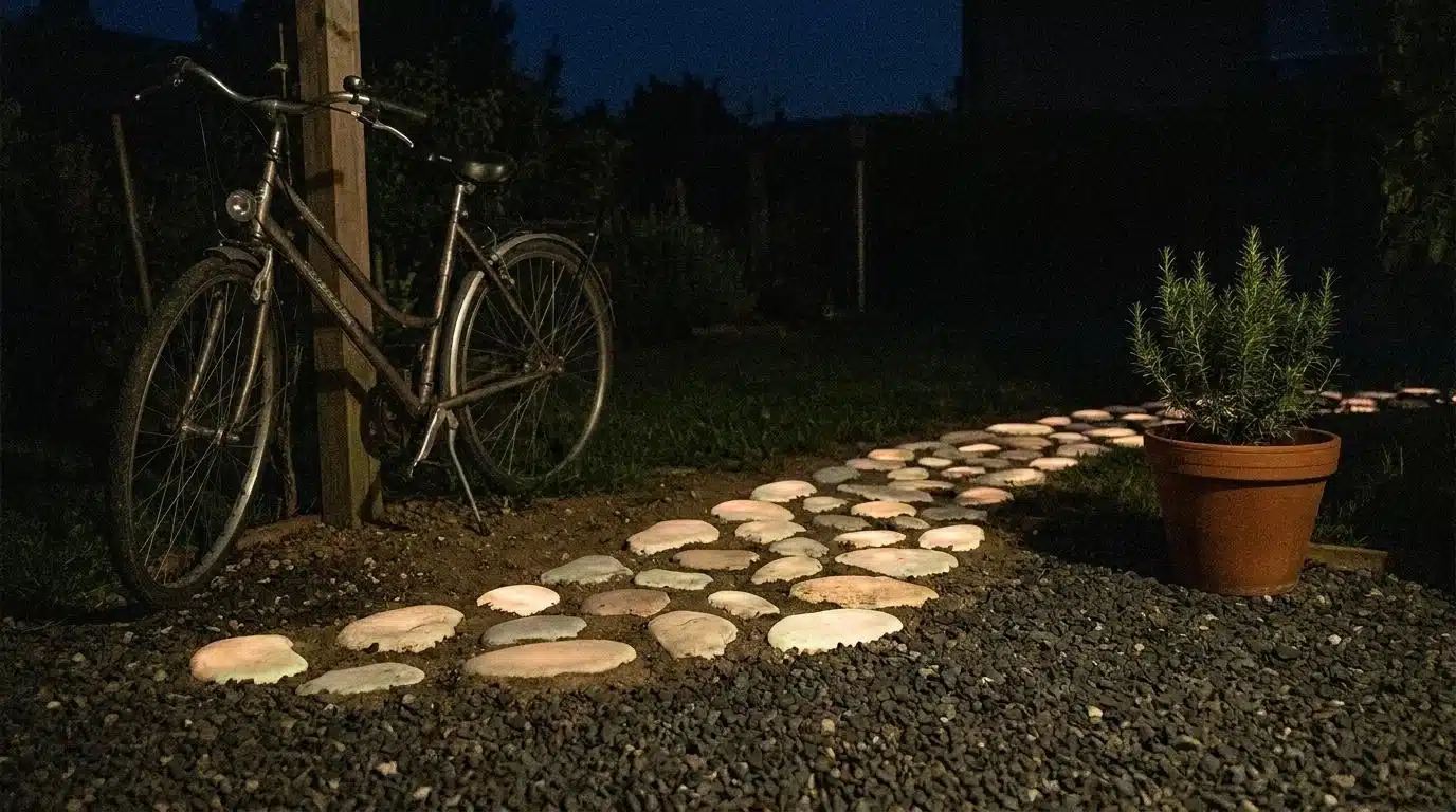 Glow-in-the-dark stones lining a driveway path