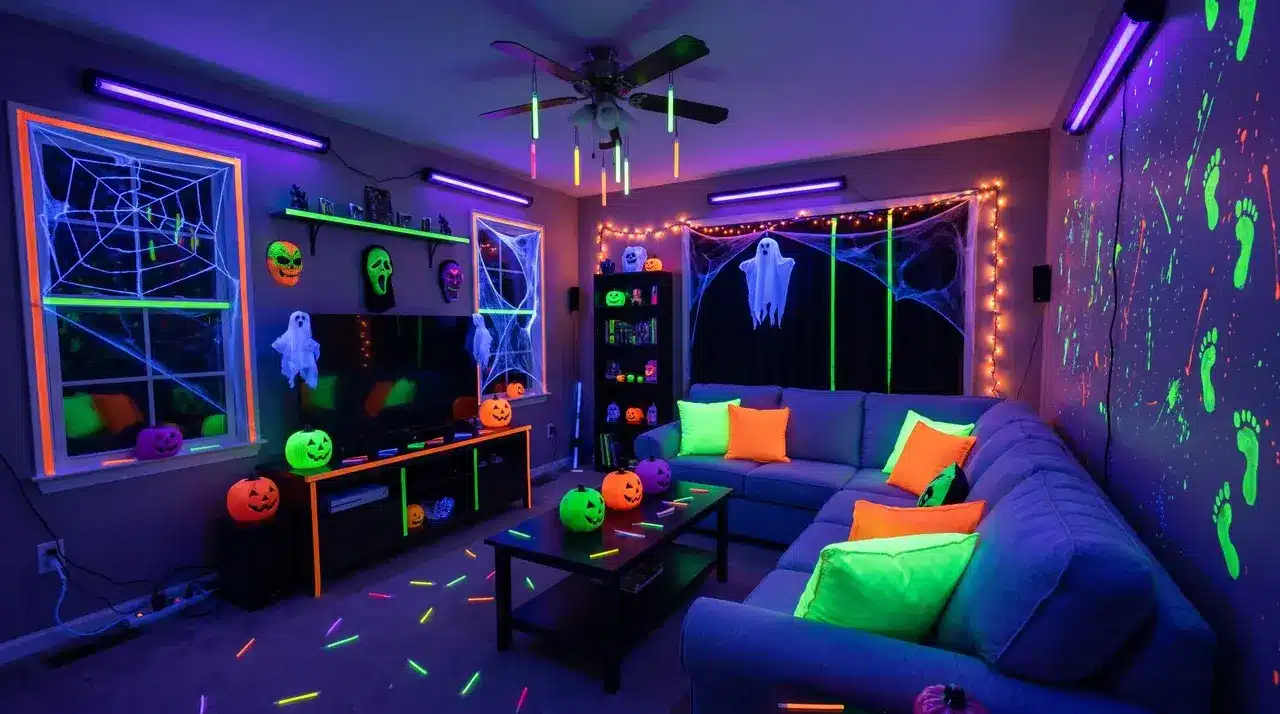 UV black light Halloween party room with neon glow decorations and fluorescent balloons for a glow in the dark theme.