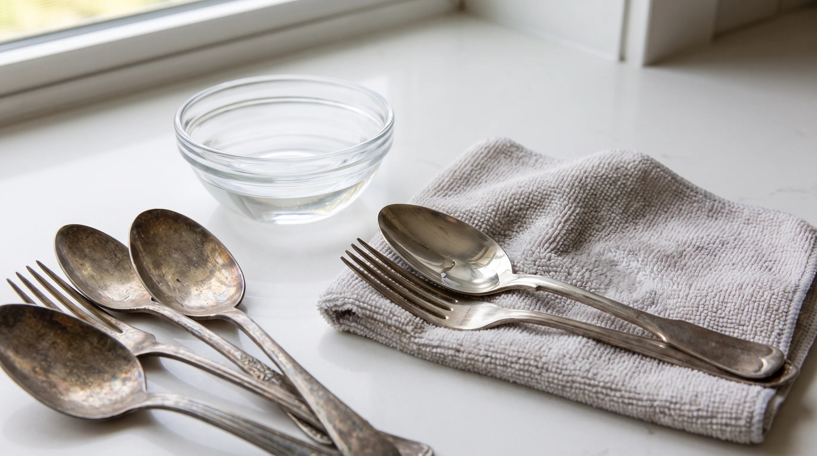 Silverware cleaning with glycerin solution, microfiber cloth, and water mixture to remove light tarnish.